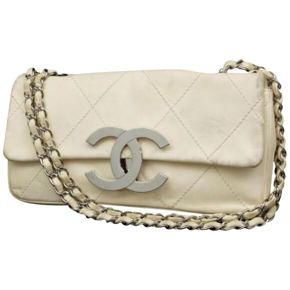 Authentic CHANEL Vintage Quilted Extra Large Jumbo Flap Bag White Nappa Leather - Picture 1 of 11